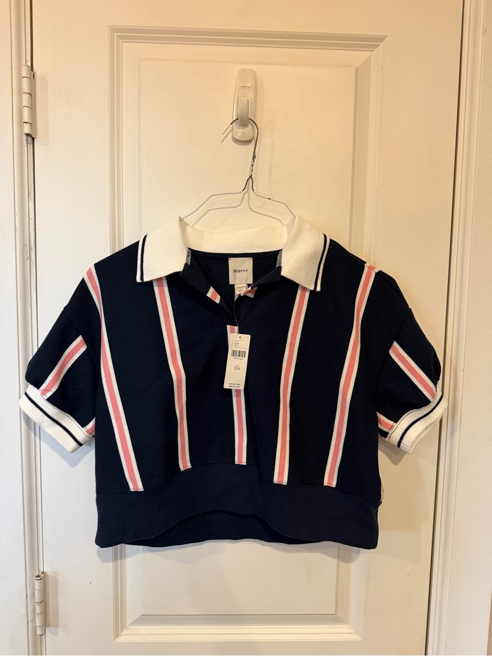 NWT Maeve Navy Cropped Polo Shirt with Pink & White Stripes